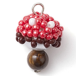 Малиновый Подвески из бисера и натурального тигрового глаза, подвески-грибы, с железной петлей, малиновый, 27x18x18 мм, отверстие : 3 мм