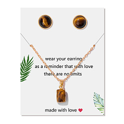 Тигровый глаз Комплекты круглых сережек-гвоздиков из натурального тигрового глаза и прямоугольных кулонов с ожерельем, комплект металлических украшений для женщин, 450~500 мм