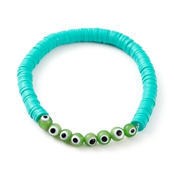 Medium Turquoise Polymer Clay Heishi Beads Stretch Bracelets, with Evil Eye Lampwork Round Beads, Medium Turquoise, Inner Diameter: 2-1/8 inch(5.3cm)