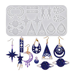 Белый DIY астрономические подвесные силиконовые формы, формы для литья смолы, для уф-смолы, изготовление ювелирных изделий из эпоксидной смолы, звезда/планета/слеза, белые, 263x130x5 мм, отверстие : 2 мм, внутренний диаметр: 24~57x16~40 мм