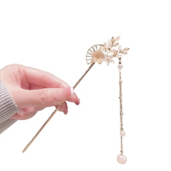 Golden Alloy Hair Sticks, with Imitation Pearl Bead, Flower, Golden, 170mm