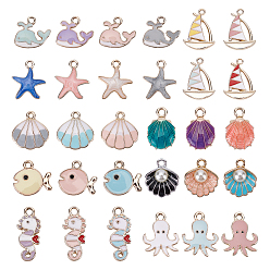 (52) Непрозрачная лаванда Подвески из сплава с эмалью на тему океана, с абс пластиком имитация жемчуга и эмали, разнообразные, золотой свет, разноцветные, 14~21.5x9~18x2~7 мм, отверстия: 1.5~2.5 мм, 60 шт / коробка