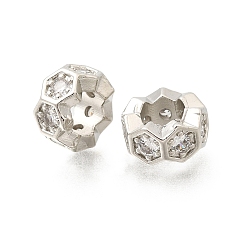 Платина Шестиугольные латунные микропаве прозрачные кубические цирконии европейские бусины, рондель, колесо, бусины с большими отверстиями, стойки покрытие, долговечный, без свинца и без кадмия, платина, 10x5.5 мм, отверстие : 5.3 мм