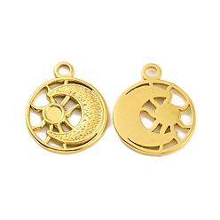 Real 18K Gold Plated Ion Plating(IP) 304 Stainless Steel Pendant Cabochon Settings, Flat Round with Sun & Moon, Real 18K Gold Plated, 24.5x20x2mm, Hole: 2.8mm, Tray: 3.5mm