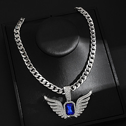 Wing Ожерелья с кубинской цепочкой в стиле хип-хоп из цинкового сплава с кристаллами и стразами, серебряный цвет гальваническим, крыло, 23.62 дюйм (60 см), Кулон : 75x50 мм