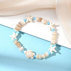 Синтетическая Бирюза Браслеты из натуральных ракушек и синтетической бирюзы в стиле «Океан» для женщин., морская звезда и черепаха, внутренний диаметр: 1.95 дюйм (4.95 см)