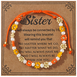 Оранжевый Браслеты из плетеного бисера и искусственного жемчуга в богемном стиле, Регулируемые браслеты из плетеного нейлонового шнура для женщин, подсолнечник, с круглыми бусинами из золотой латуни и картоном, оранжевые, 11.02 дюйм (28 см)