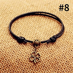 Клевер Пляжные браслеты из сплава с регулируемыми вощеными шнурками для женщин, античная бронза, клевер, внутренний диаметр: 2~5 дюйм (50~126 мм)