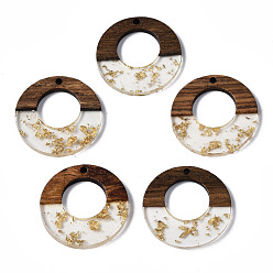Clear Transparent Resin & Walnut Wood Pendants, with Gold Foil, Flat Round, Clear, 28x3mm, Hole: 2mm