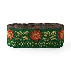 Green Embroidery Polyester Ribbons, Jacquard Ribbon, Tyrolean Ribbon, Garment Accessories, Floral Pattern, Green, 51mm, about 7m/bundle