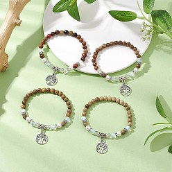 (52) Непрозрачная лаванда 4шт. деревянные круглые бусины браслеты с подвесками для женщин, с бусинами из синтетического лунного камня и подвеской в виде дерева жизни в тибетском стиле, разноцветные, внутренний диаметр: 2-1/8 дюйм (5.5 см)