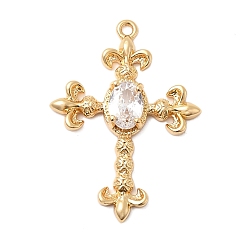 Настоящее золото 18K Латунные микропаве прозрачные подвески с фианитом, крест очарование, без никеля , реальный 18 k позолоченный, 30x22x4.5 мм, отверстие : 1.4 мм