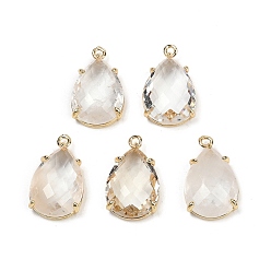 Хрусталь Ограненные подвески из натуральных кристаллов кварца, покрытие стойки латунные подвески-капли, золотые, 22x13x6 мм, отверстие : 1.6 мм