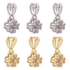 Platinum & Golden Brass Micro Pave Cubic Zirconia Pendant Pinch Bails, Clover, Clear, Mixed Color, 16mm, 10x3x6mm, Pin: 0.8mm, 2 Colors, 6pcs/color, 12pcs/box
