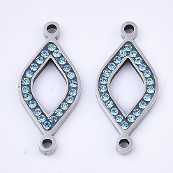 Blue Zircon 304 Stainless Steel Links connectors, with Rhinestone, Rhombus, Stainless Steel Color, Blue Zircon, 24x11x2mm, Hole: 1.5mm