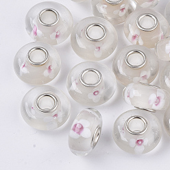 WhiteSmoke Handmade Lampwork European Beads, Inner Flower, Large Hole Beads, with Silver Color Plated Brass Single Cores, Rondelle, WhiteSmoke, 14x7.5mm, Hole: 4mm