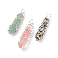Silver Natural & Synthetic Mixed Stone Pointed Pendants, Bullet Charm, with Copper Wire Wrapped, Silver, 39x9x9mm, Hole: 3mm