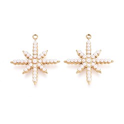 Настоящее золото 18K 304 подвески в форме звезд из нержавеющей стали и искусственного жемчуга ABS, ионное покрытие (ip), реальный 18 k позолоченный, 23.5x21x3 мм, отверстие : 1.6 мм