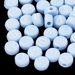 Светло-Голубой Непрозрачные акриловые бусины, горизонтальное отверстие, cmешанные буквы, плоские круглые с буквы, случайные буквы, Небесно-голубой, 7x4 мм, отверстие : 1.5 мм, Около 3700 шт / 500 г