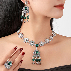 Темно-Зеленый Комплект украшений из сплава богемных цветов со стразами и искусственным жемчугом, серьги, ожерелья и кольца, темно-зеленый, 380 мм