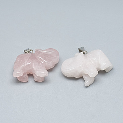 Розовый Кварц Природного розового кварца подвески, с защелкой из нержавеющей стали на поручнях, слон, 24~28x34~38x14~17 мм, отверстие : 6x4 мм