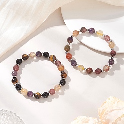 Смешанные камни 2шт. эластичные браслеты из бусин натурального ауралита, черного оникса и тигрового глаза для женщин, круглые, с латунной бисера, платина, бусины : 8~8.5 мм, внутренний диаметр: 2.32~2.38 дюйм (5.9~6.05 см)