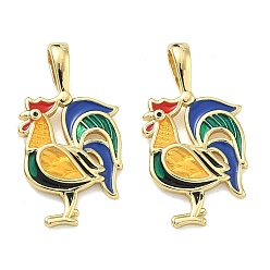Настоящее золото 18K Латунные подвески, талисманы петуха, с эмалью, без кадмия и без свинца, стойки покрытие, долговечный, реальный 18 k позолоченный, 25x13.5x2 мм, отверстие : 2.5x4.5 мм
