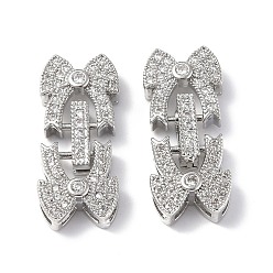 Platinum Rack Plating Brass Micro Pave Clear Cubic Zirconia Fold Over Clasps, Bowknot, Platinum, 26x11x4.5mm, Hole: 0.8x4.5mm