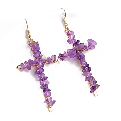 Amethyst Natural Amethyst Dangle Earring, Cross, 65x35mm