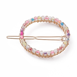 Colorful Alloy Hollow Hair Barrettes, Ponytail Holder Statement, with Glass Seed Beads, Colorful, 61x48x8mm