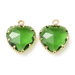 Peridot Brass with K9 Glass Pendants, Light Gold, Heart Charms, Peridot, 19x15x6mm, Hole: 2mm