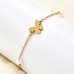 Золотой 304 из нержавеющей стали бабочка ссылка браслеты, ювелирные изделия из кабельной цепи для женщин, с пластиковыми бусинами из искусственного жемчуга, золотые, 7-1/2 дюйм (19 см)