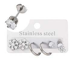 Снежинка 3 пары 3 рождественские стили 304 комплект серег и сережек из нержавеющей стали для женщин, с эмалью и фианитом, цвет нержавеющей стали, снежинка, 6~10x6~11 мм, 1 пара / стиль