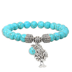 Turquoise Normal Pulsera elástica con cuentas de turquesa natural y dijes de aleación del árbol de la vida, 6-3/4~8-5/8 pulgada (17~22 cm)