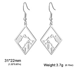 Stainless Steel Color 304 Stainless Steel Rhombus Dangle Earrings for Women, Mountain, Stainless Steel Color, 31x22mm