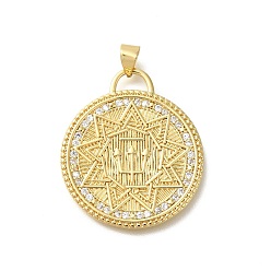 Настоящее золото 18K Покрытие стойки латунь с подвесками из фианита, долговечный, без свинца и без кадмия, плоский круглый со звездными подвесками, реальный 18 k позолоченный, 30x26x1.5 мм, отверстие : 3.5x4 мм