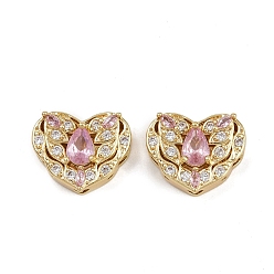 Pink Многожильные звенья из латуни с паве из кубического циркония, долговечный, сердце, золотые, розовые, 12x14.5x6 мм, отверстие : 1.8 мм