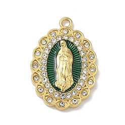 Oval 304 эмалированная нержавеющая сталь с подвесками из хрустальных страз, вакуумное покрытие pvd, реальный 18 k позолоченный, овал с подвеской девы марии, 24.5x17x3.5 мм, отверстие : 1.6 мм