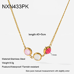 Pink 304 Stainless Steel Pave Cubic Zirconia Triple Flat Round Beads Pendant Necklaces, Real 18K Gold Plated, Pink, 15.75 inch(40cm)