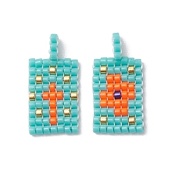 Темно-бирюзовый 2 подвески из стеклянных бусин шт., прямоугольник с узором «ветряной глаз»/крест, темные бирюзовый, 20x10x1.5 мм, отверстие : 2 мм, 2 шт / комплект