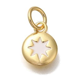 Белый Стойки обшивки латунные прелести, с эмалью и кольцом для прыжков, без кадмия и без свинца, долговечный, реальный 18 k позолоченный, плоский круглый с солнечным шармом, белые, 9.5x7x1.5 мм, отверстие : 3 мм