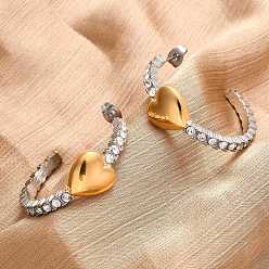 Золотой & Цвет Нержавеющей Стали 304 серьги-гвоздики в форме сердца из нержавеющей стали со стразами, золотые и нержавеющая сталь цвет, 34x11.5 мм