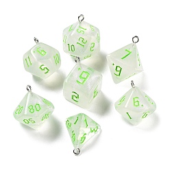 Lawn Green 7Pcs 7 Styles Transparent Resin Polyhedral Dice Pendants Set, Multi-Sided Dice Charms with Platinum Plated Iron Loops, Mixed Shapes, Lawn Green, 20~28x19~24x17~24mm, Hole: 2mm, 1pc/style