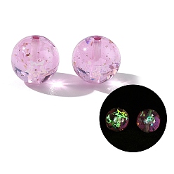 Perle rosa Leuchtende transparente Harzperlen, Runde mit Stern, mit Pailletten, Leuchten im Dunkeln, Perle rosa, 16 mm, Bohrung: 2 mm
