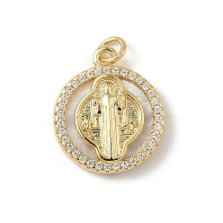 Прозрачный Латунь микропаве фианиты с подвесками-ракушками, плоские круглые с святым Бенедиктом, долговечный, без свинца и без кадмия, стойки покрытие, с целью перехода в кольце, реальный 18 k позолоченный, прозрачные, 19.5x17x3.5 мм, отверстие : 3 мм