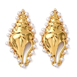 Настоящее золото 18K 304 из нержавеющей стали большие кулоны, подвески в форме ракушек, с пластмассовой жемчужиной abs, вакуумное покрытие pvd, реальный 18 k позолоченный, 57x29.5x7.5 мм, отверстие : 1.6 мм