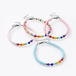Mixed Color Handmade Polymer Clay Beaded Bracelets, with Natural & Malaysia Jade(Dyed) Beads and 304 Stainless Steel Findings, Mixed Color, 7-3/8 inch(18.8cm), 4mm