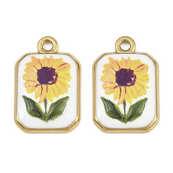 Flower Printed 304 Stainless Steel Pendants, Rectangle Charms, Ion Plating(IP), Real 18K Gold Plated, Flower Charms, 23x15x3mm, Hole: 2mm