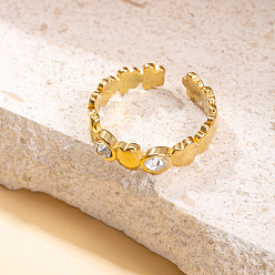Golden 304 Stainless Steel Cuff Open Rings, Flower, with Rhinestone, Golden, US Size 4 1/4(15mm)~20mm
