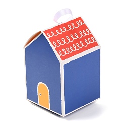 Blue Gift Sweets Paper Folding Boxes, with White Ribbon, Decorative Gift Box, House Shape, Blue, 8.5x13x8.5cm